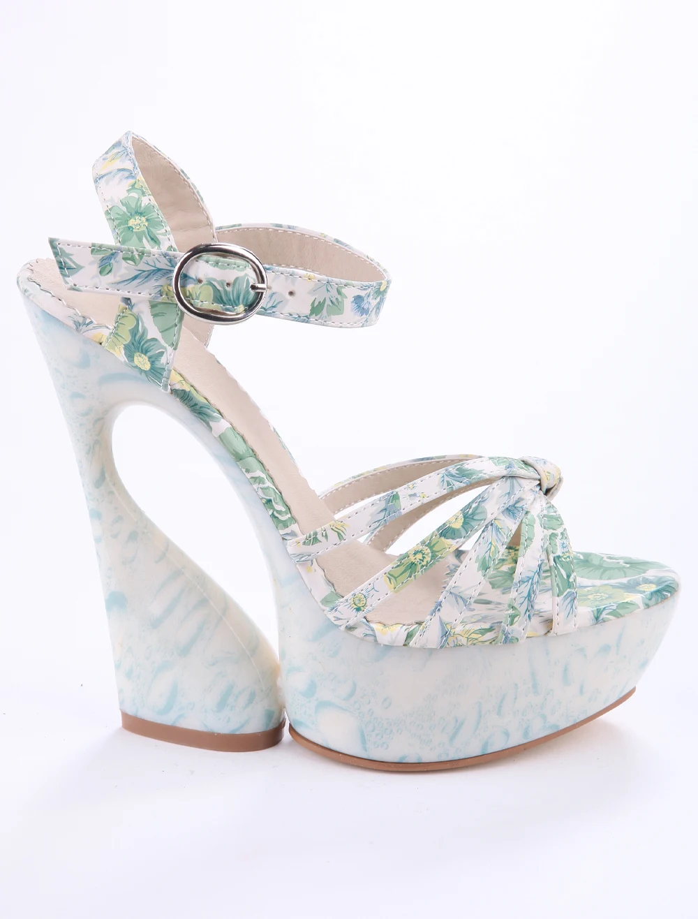 

Sexy Ladies Strange Wedges Heels Sandals Floral Printing Leather Platform Peep Toe Lace Up Ladies Stage Ultra High Heels Sandals