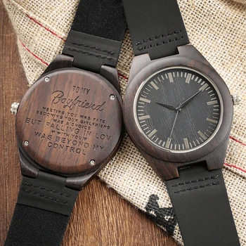 Engraved Woodern Watch DIY Words TO MY Boyfriend Pattern Quartz Wooden Watch Geniur Leather Band Souvenir Gifts For Boyfriend