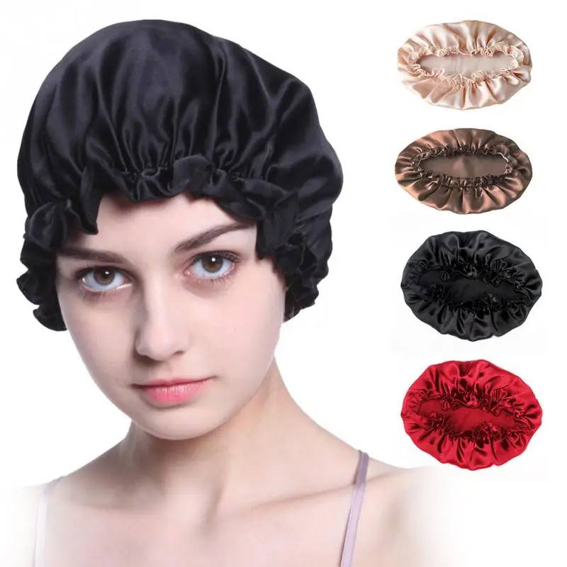 

Women Shower Caps Silk Bonnet Head Cover Night Sleep Hats Solid Color Bathing Cap