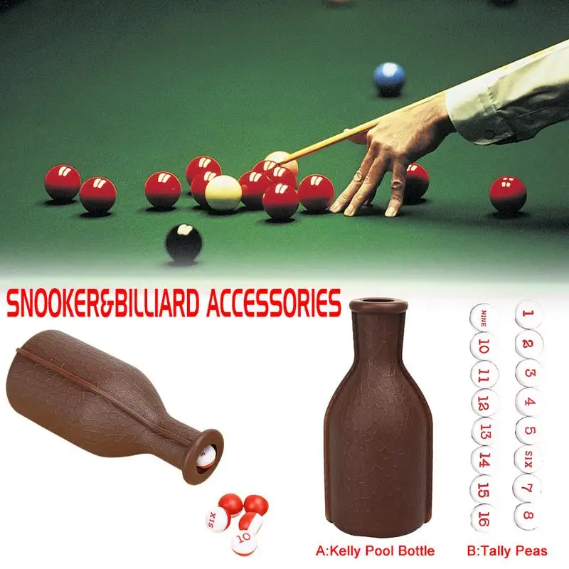 Billiard Game Kelly Pool Shaker Bottle with Standard Set Of 16 Numbered Tally Balls Peas Snooker