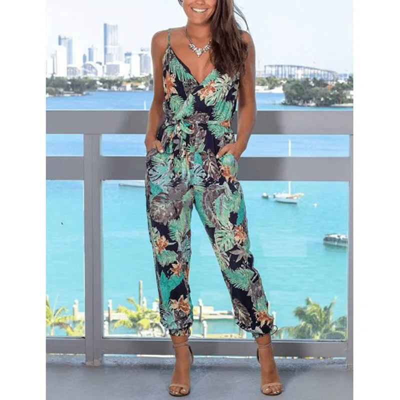 

Sexy Sleeveless long romper women jumpsuit 2019 summer lady floral trousers pants beach jumpsuit coveralls sexy female frock