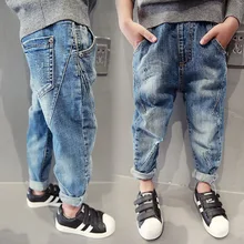 Осень, новые рваные джинсы для мальчиков со средней талией, Детские повседневные брюки с рисунком, детские длинные джинсовые штаны