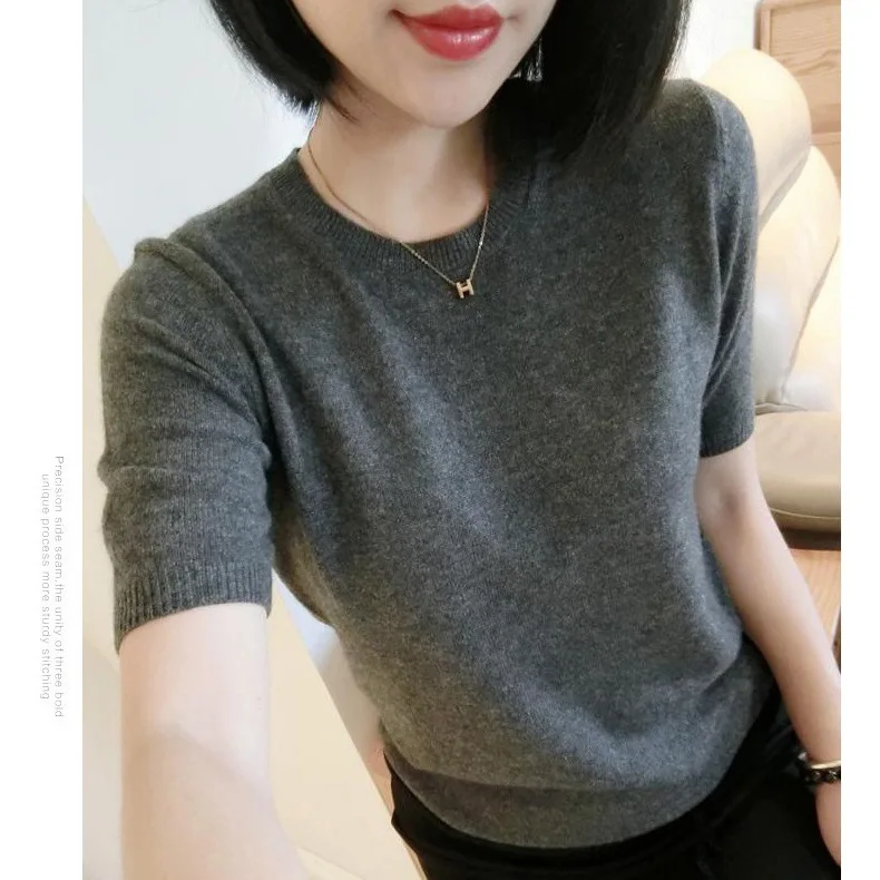 Multi-Color Short Sleeve Sweater Female 2019 Spring Summer New Style round-Neck Slim-Fit Cashmere Sweater Solid Color Multi-Color Short Sleeve Sweater Female 2019 Spring Summer New Style round-Neck Slim-Fit Cashmere Sweater Solid Color