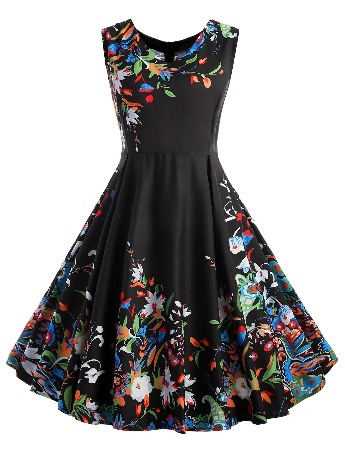 

Wipalo Vintage Women Plus Size 5XL Leaf Print Flare Party Dress Retro Big Swing Dress V Neck Sleeveless Vestidos Robe Femme