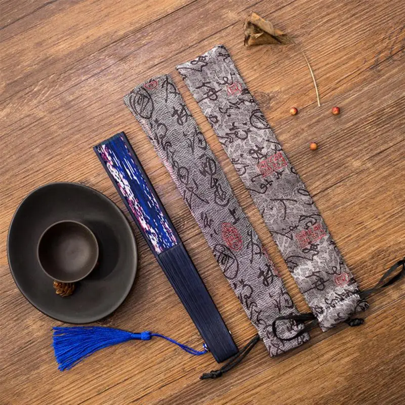 

2pcs Chinese Folding Hand Fan Cover Case long shape Pouch storage string drawing bag Decorative Gift Cover Case
