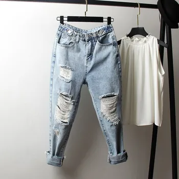 

Women Vintage Boyfriend Plus Size Jeans High Waist Loose Ripped Hole Jeans Straight Streetwear 4Xl Denim Pants