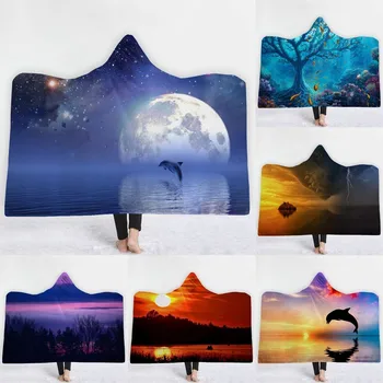 

Warm Dolphin Scenery Hoodie Blanket Thickening Microfiber Throw Blanket Sofa/bed/plane Travel Bedding Throw Blanket In Cap