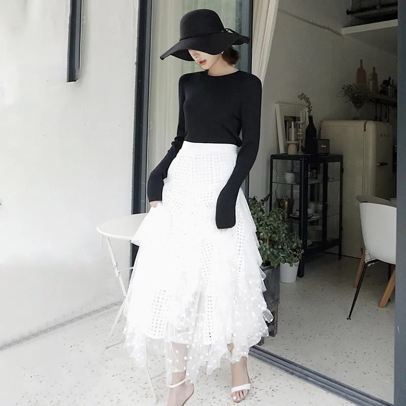 TWOTWINSTYLE Aushöhlen Polka Dot Frauen Rock Hohe Taille Mesh Unregelmäßige Mitte Röcke Weibliche Casual Koreanische 2019 Frühling Mode Neue