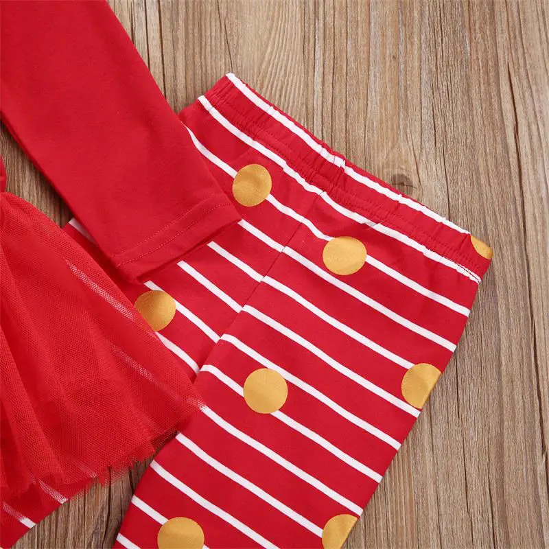 Рождественская Одежда для девочек из 2 предметов детский красный топ с оборками и рисунком для девочек+ штаны в полоску Одежда для маленьких девочек комплект одежды для девочек
