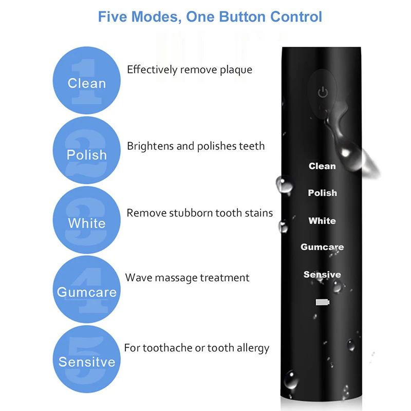 5 режимов звуковая перезаряжаемая электрическая зубная щетка 4x щетки головки Водонепроницаемый Ipx7 зарядка, черный(обычная зарядка через Usb