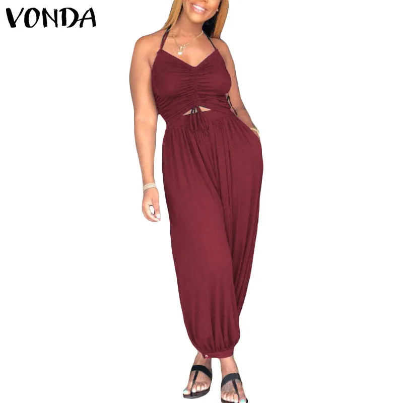 VONDA Rompers Womens Jumpsuit 2019 Sexy Sleeveless Backless Halter Hollow Solid Playsuit Casual Harem Pants Plus Size Overalls VONDA Rompers Womens Jumpsuit 2019 Sexy Sleeveless Backless Halter Hollow Solid Playsuit Casual Harem Pants Plus Size Overalls