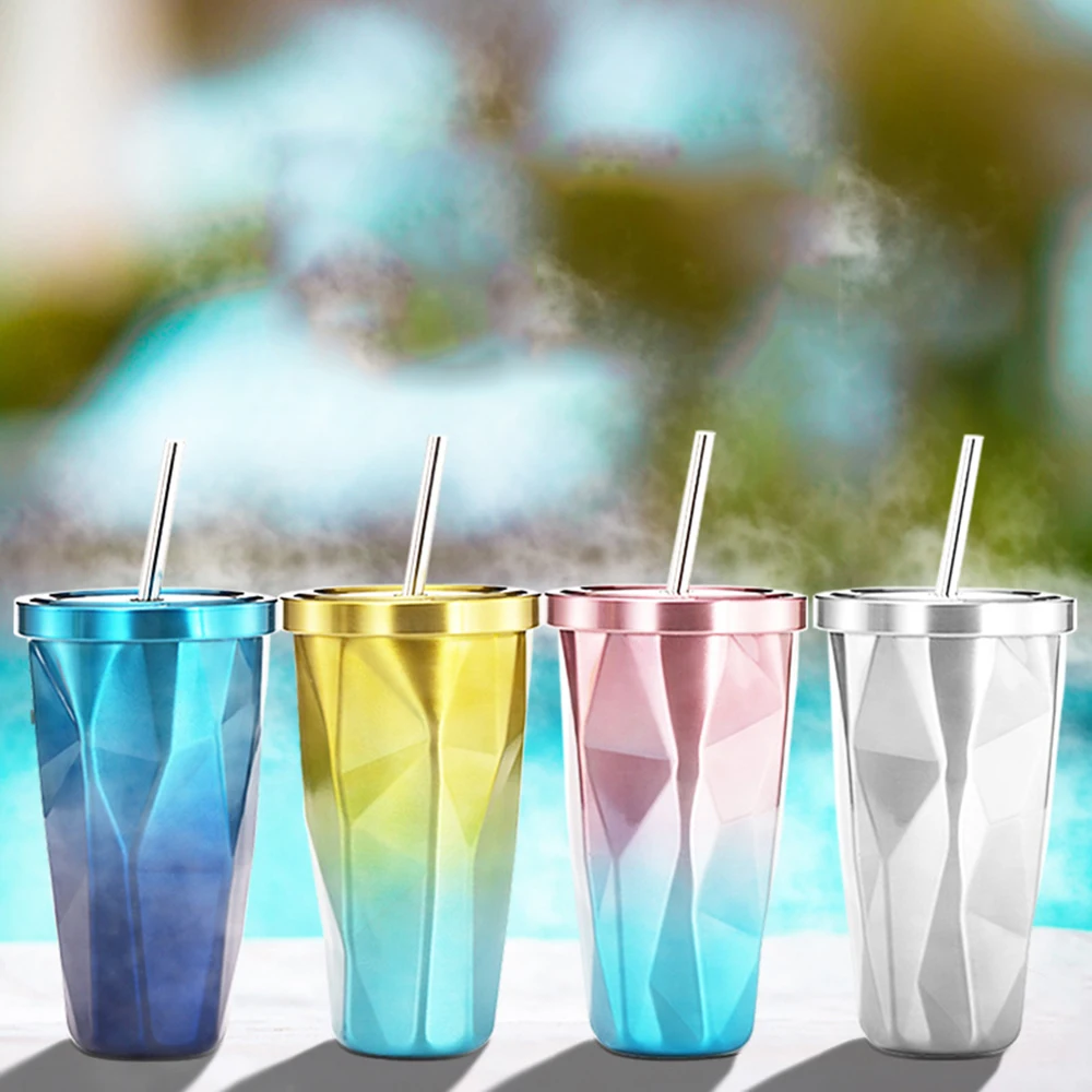 

Creative Stainless Steel Irregular Coffee Mugs Tumbler Straw Double Wall Drinking Cups