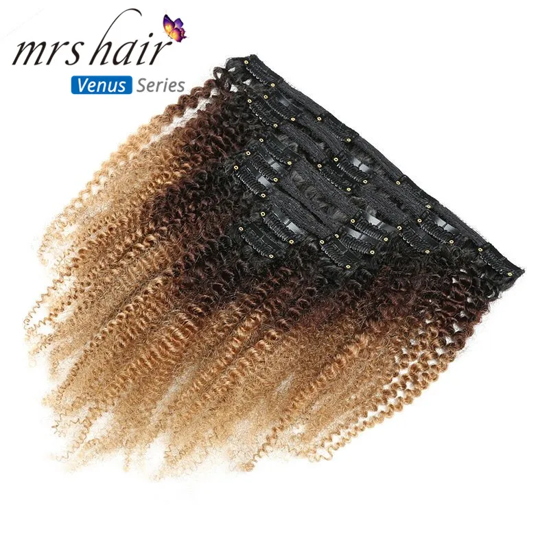 MRS Hair 120g Clip Full Head 1B/4/27 Afro Kinky Curly Clip In Hair Extensions 8pcs/set Brazilian Human Extension Clip Hair