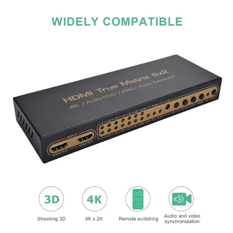 

ALLOYSEED 4Kx2K HDMI 6 Input 2 Output 3D HDTV HD True Matrix HDMI Switch Splitter Audio Extractor For TV PC DVD Player Projector