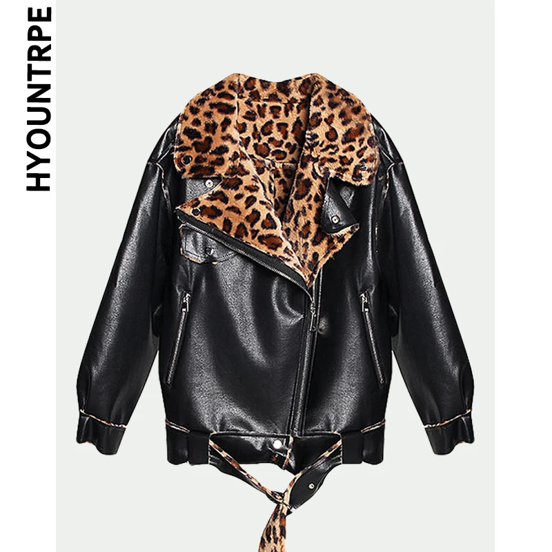 

Fashion Faux Pu Leather Coat Winter Women Casual Zipper Leopard Shearling Motorcycle Thicken Warm Fur Integrated Jackets Outwear