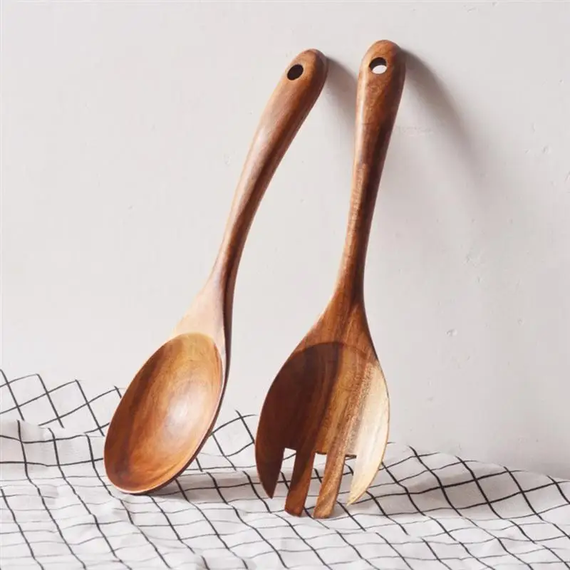 

Natural Kitchen Wooden Spoon Salad Dinner Serving Spoons Server Wood Fork Spoon Cutlery Set Wooden Utensils Tableware