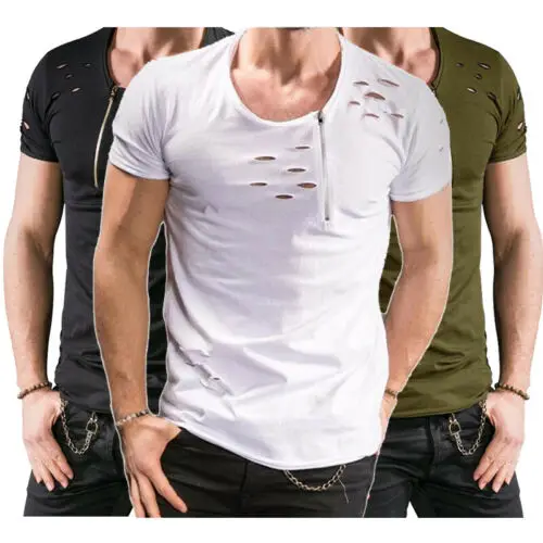 

Men's Slim Fit O Neck Short Sleeve Muscle Tops Tee T-shirt Ripped Casual Blouse