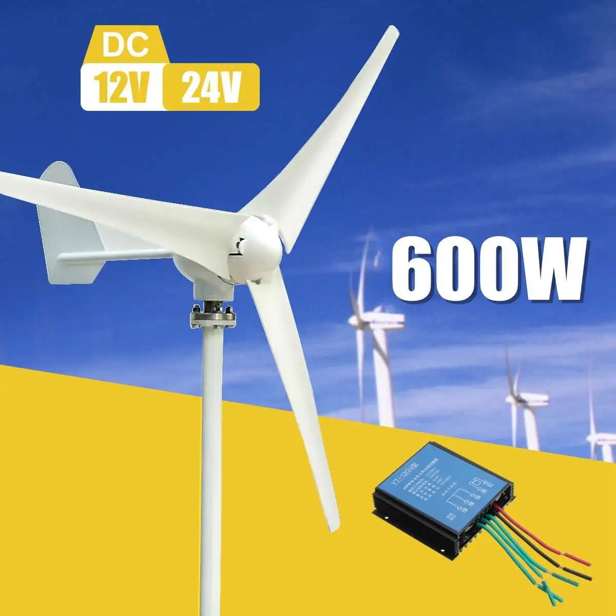 

600W DC 12/24V Wind T urbine Generator 3 Blade with windmill Charge Controller For Residential Hybird Outdoor Streetlight Use