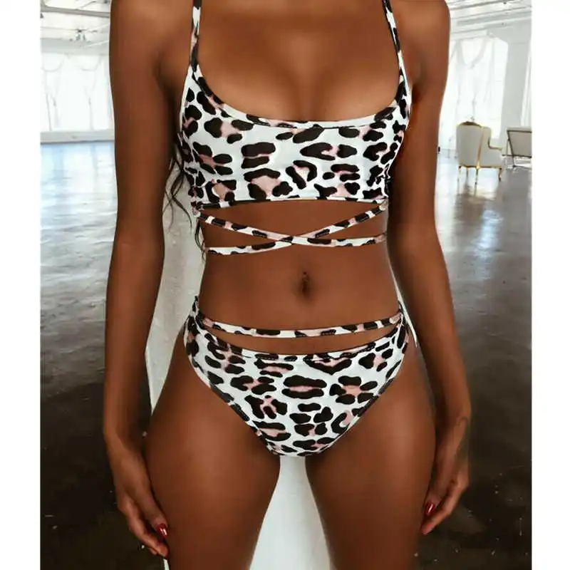 

Ladies Women Leopard Print Bra Thong Summer Hot Female Backless Bandage Bikini Push-up Padded Triangle Swimsuit