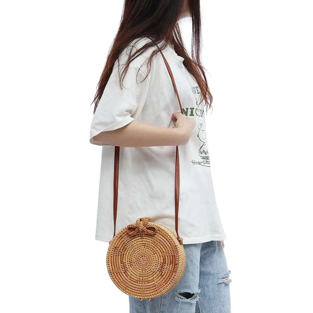 

New Hand Woven Round Rattan Bag Holiday Bohemia Beach Circle Bag Hand Woven Bag Round Rattan Straw Handbag