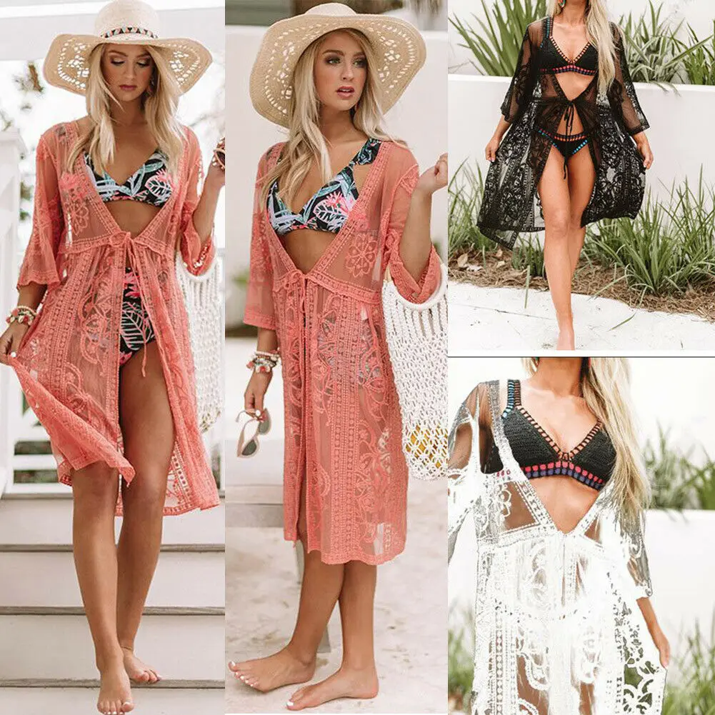 

Summer Women Swimsuit Bikini Cover Up Sexy Beach Cover Ups Chiffon Long Dress Elegant Solid Lace Beach Bathing Suit Tunic kaftan