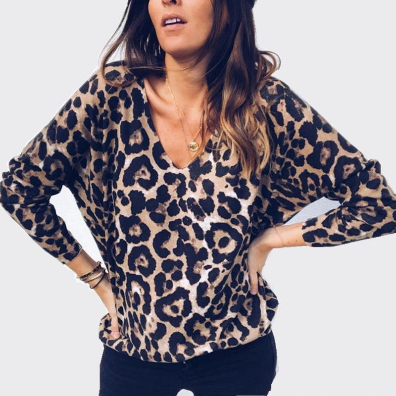 Модные женские новые Стрейчевые свободные V образным вырезом сексуальные леопардовые принты Блузки Топы женские повседневные с длинным рукавом осенние зимние рубашки в леопардовой раскраске горячая распродажа