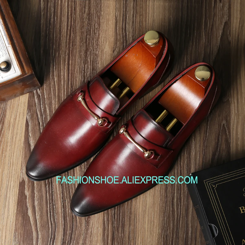 

2019 Men Formal Suit Dress Shoes Real leather Vintage Dress Leather Shoes Wine Red Black