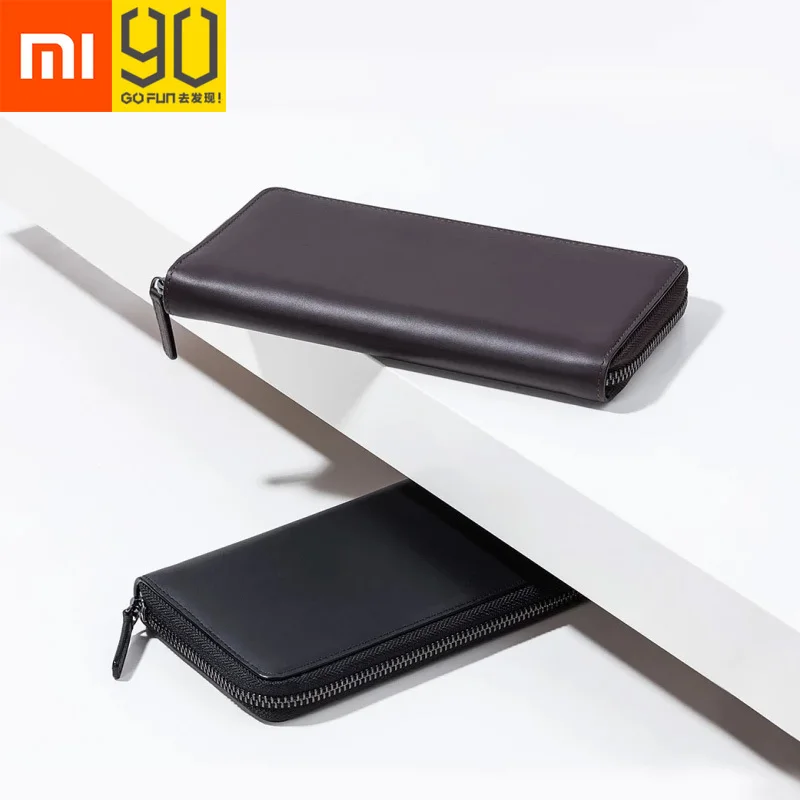  Xiaomi 90 Fun Mens Business Wallet Card Holder Purse Classic Long Wallet Cowhide Leather Black Zipp