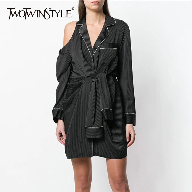 

TWOTWINSTYLE Black Striped Shirt Dresses Women V Neck Off Shoulder Long Sleeve Bandage Sexy Mini Dress Female 2019 Autumn New