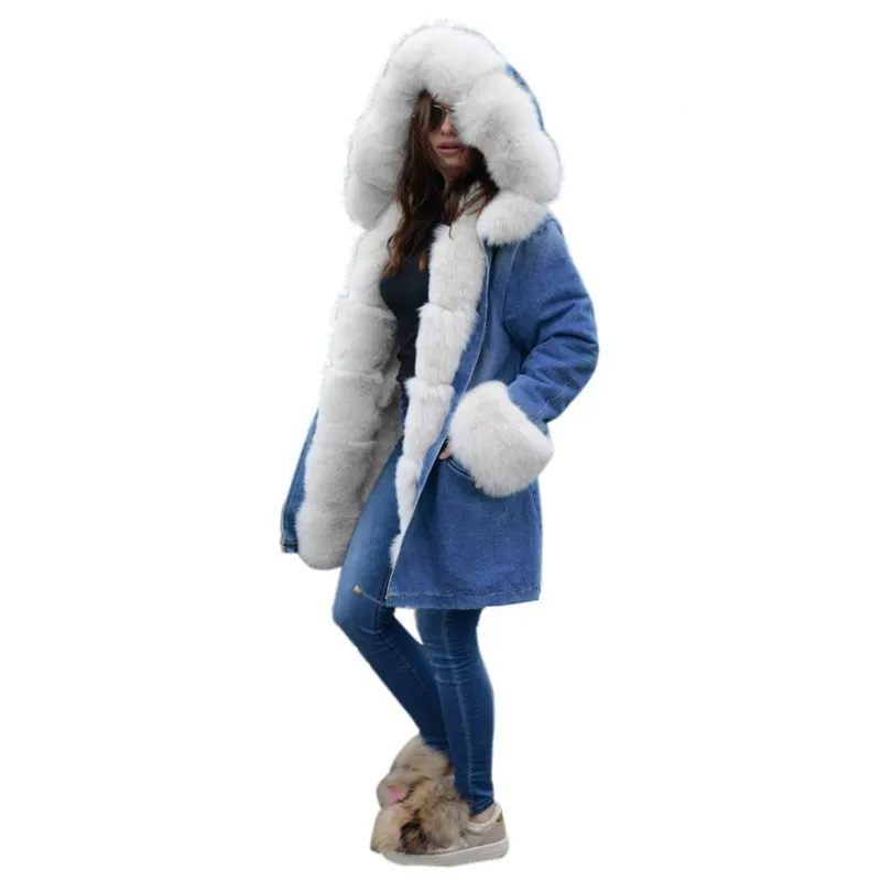 Ruiyige 2018 New Denim Parkas Women Winter Coat Cotton Female Winter Jacket Womens Fur Hood Outwear Female Fashion Denim Coats