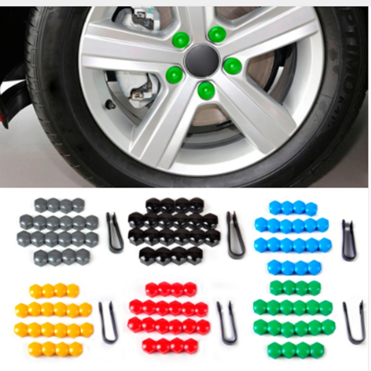 17MM 20pcs Wheel Lug Nut Center Cover Caps + Removal Tool For VW Golf