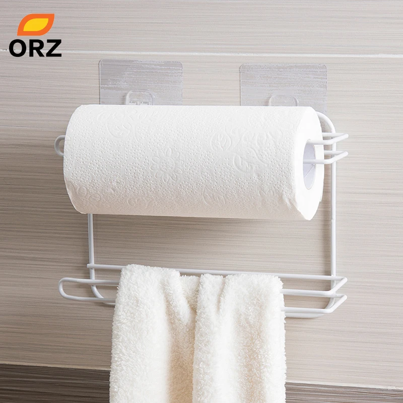

ORZ Wall Mounted Roll Paper Towel Holder Kitchen Bathroom Storage Organizer Shelf Toilet Paper Towel Rack Kitchen Accessories