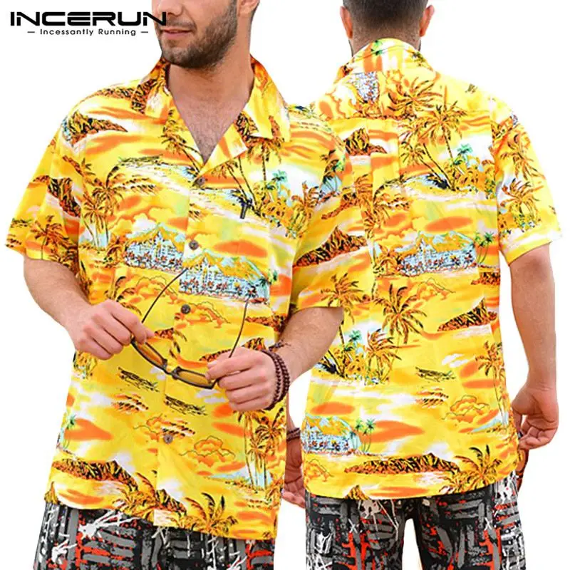 

Summer Men Clothes Vacation Shirts 5XL Beach Hawaiian Yellow Mens Shirts Dress Short Sleeve Lapel Collar Loose Floral Tee Shirt