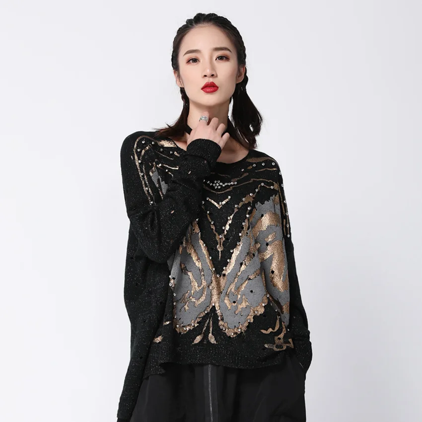 

[EAM] 2019 New Spring Black Patchwork Print Hit Color Loose Full Sleeve O Collar Knitting Women Fashion Beading Puffover OA8