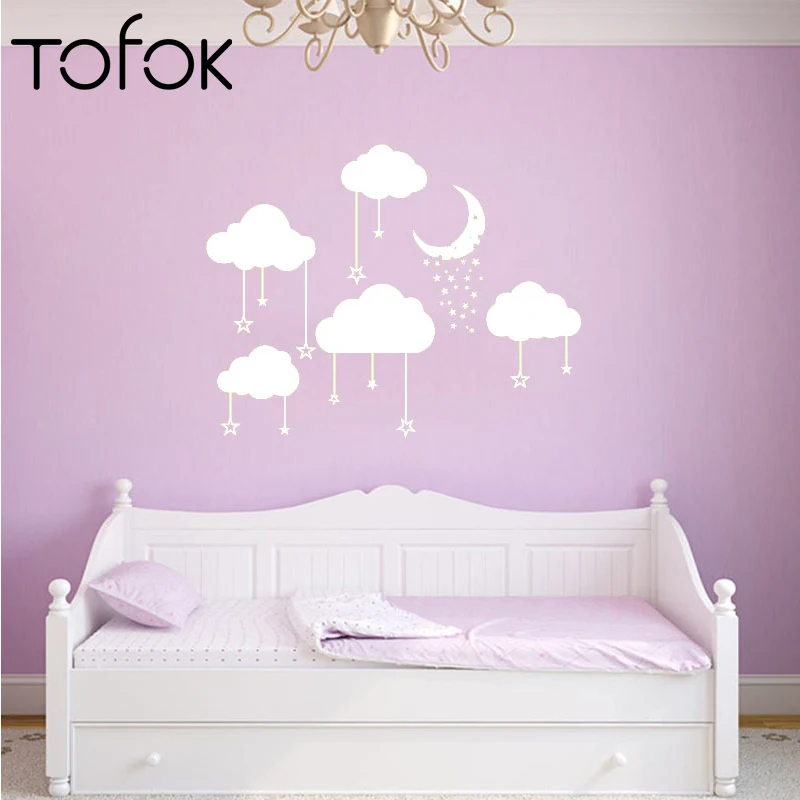 Tofok Наклейка на стену мультфильм облака луна звезды стикер для детской комнаты