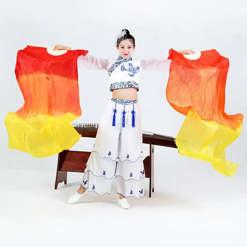 

1Pair 1.8 Meter Fire Color Dancing Fan For Women Retro Ethnic Dancing Faux Silk Bamboo Fan Veils Belly Dance Costume Accessories