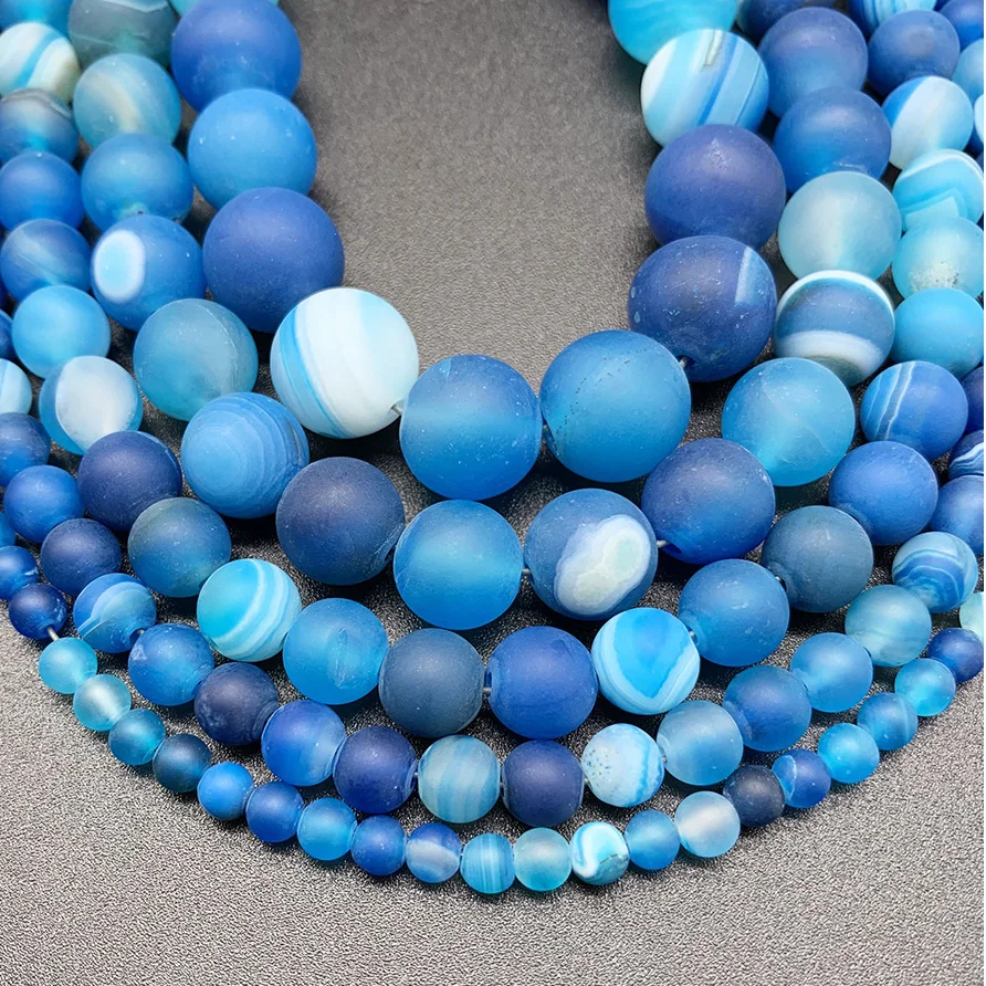 

4/6/8/10/12mm Matte Natural Stone Beads Blue Striped Agates Stone Pick Size Spacer Round Loose Beads for Jewelry Making Fit DIY