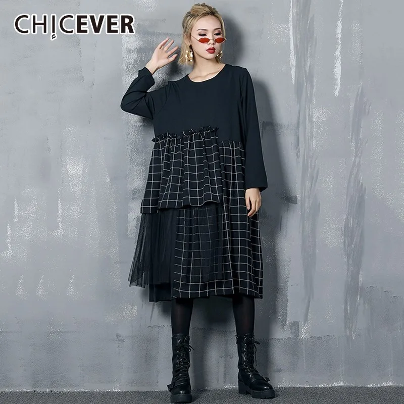 CHICEVER лоскутное кружевное клетчатое платье для женщин с круглым вырезом и длинным