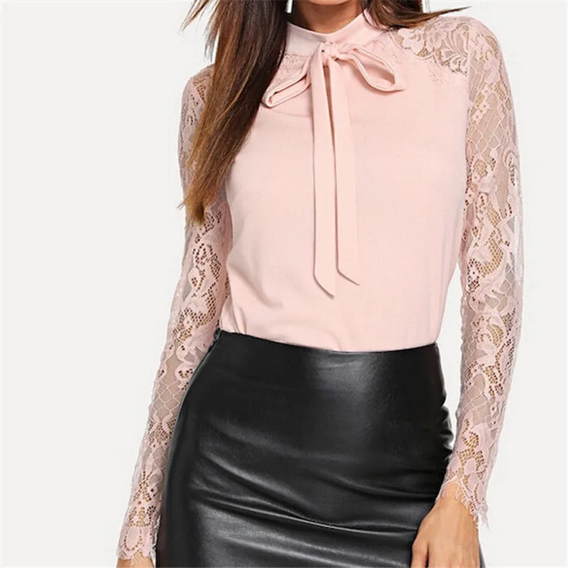 

Women Crew Neck Blouse 2019 Spring Fall Lace Sleeve Top Shirt Ladies Bow Party Work OL Office Formal Blouse Elegant Loose Shirt