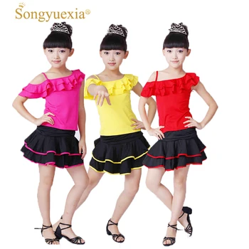 

Children Lading Dance dress girl Dance Performance costumes Summer Short Sleeve latin dance skirt for girl skirt+top 110-160cm