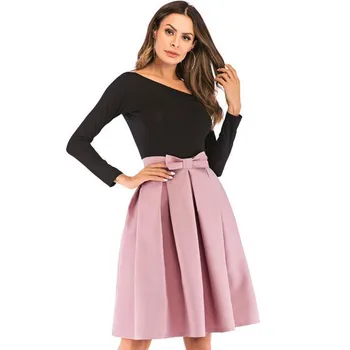 

Womens Midi Skirt A Line High Waist Bow Elegant Design Pleated 2020 New Knee Length Vintage Formal Work Ladies Skirt Plus Size