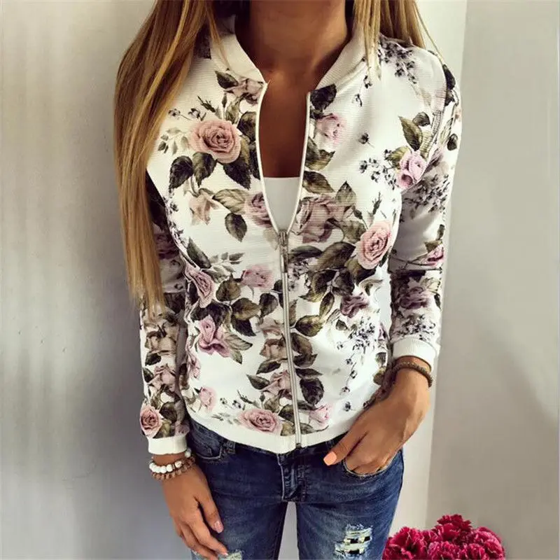 

Women Jacket Brand Tops Flower Print Girl Plus Size Casual baseball Sweatshirt Button Thin Bomber Long Sleeves Coat Jackets