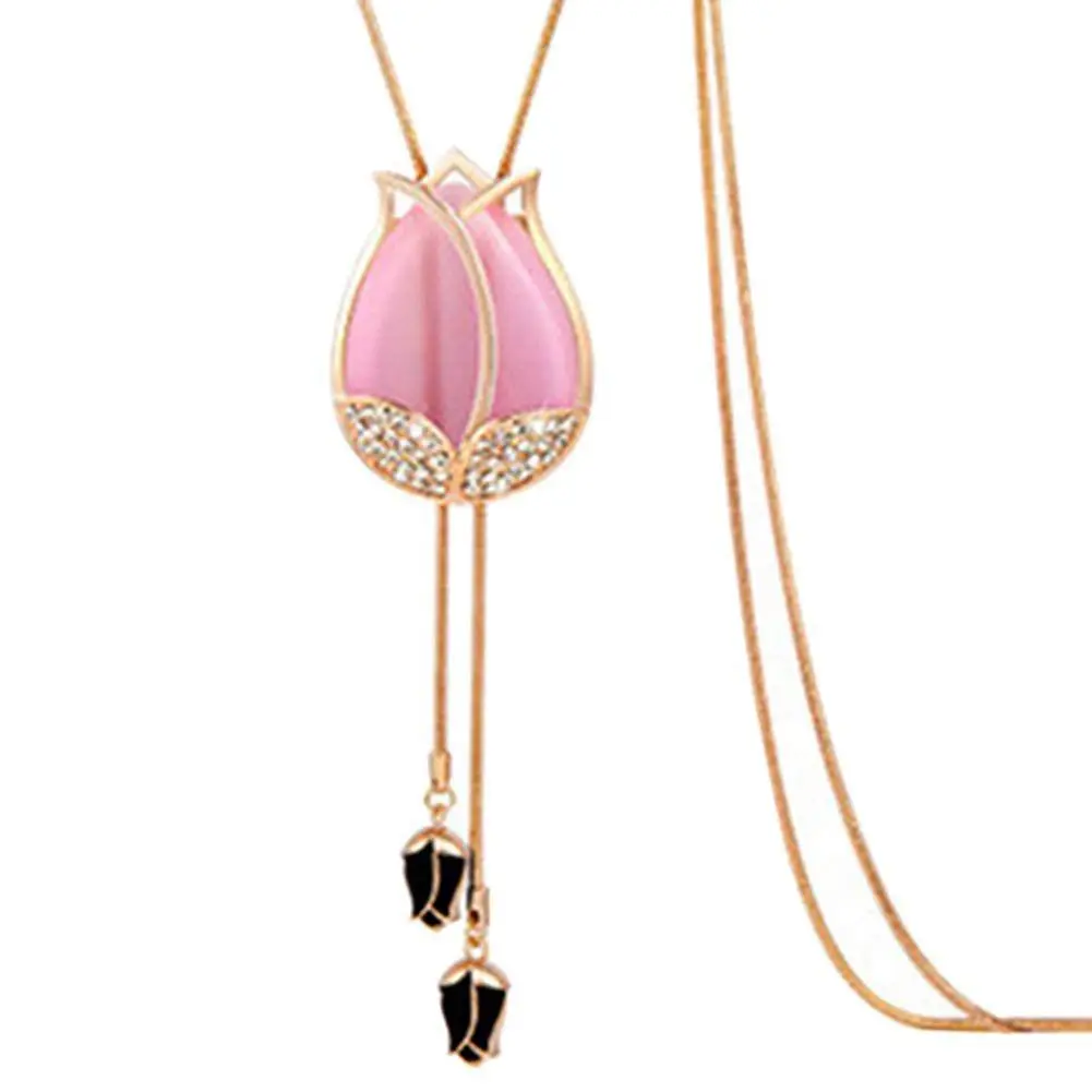 

Women's Tulip Flower Pendant Crystal Rhinestones Long Necklace Sweater Chain Tulip
