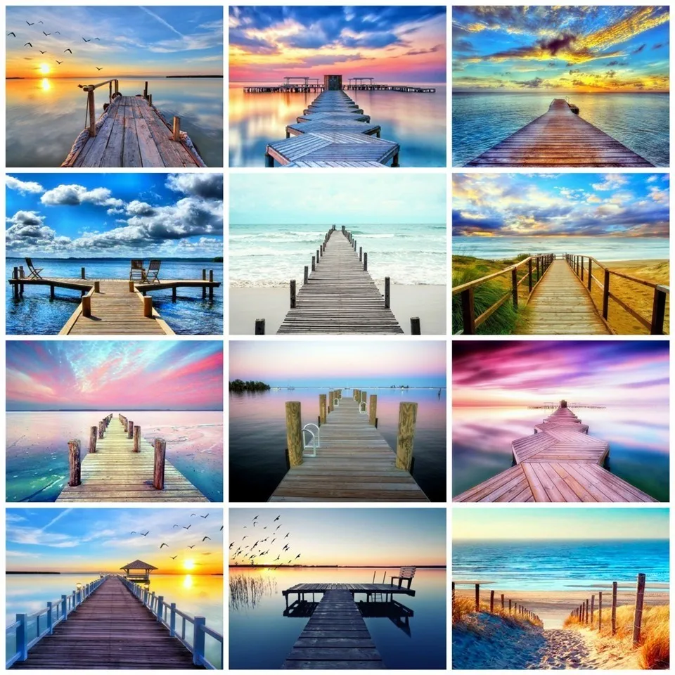 

AZQSD Diamond Painting Embroidery Scenic Bridge Picture Rhinestones Home Decor Diamond Mosaic Landscape Sea Cross Stitch 5D DIY