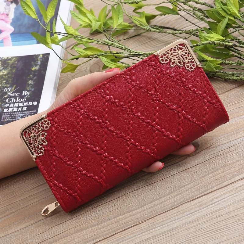 

Korean Version Wild Fashion Embossed Lingge Ladies Zipper Long Wallet Multi-Card Hand Bag Wallet