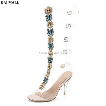 

KALMALL Women Luxury Crystal High Boots Sandals PVC Strappy Diamonds High Heels Gladiator Cut Outs Long Sandals Botas Plus 43