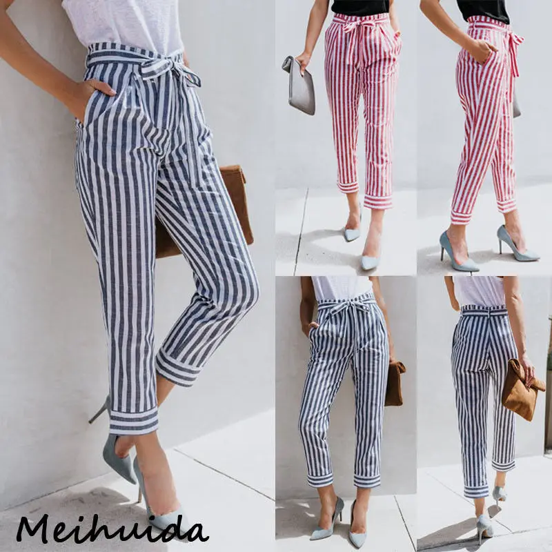 Fashion Women High Waist Drawstring Elastic Long Pants Stripped Pencil