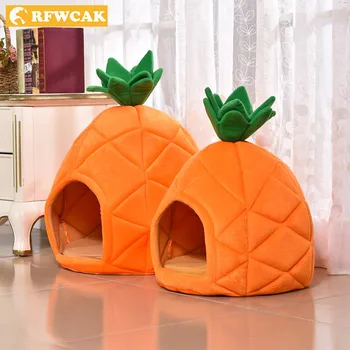 

RFWCAK Creative Kennel Cat Nest Teddy Dog Cage Fruit Pineapple Cotton Bed Warm Pet Products Foldable Dog House Pet Dog Bed Mats