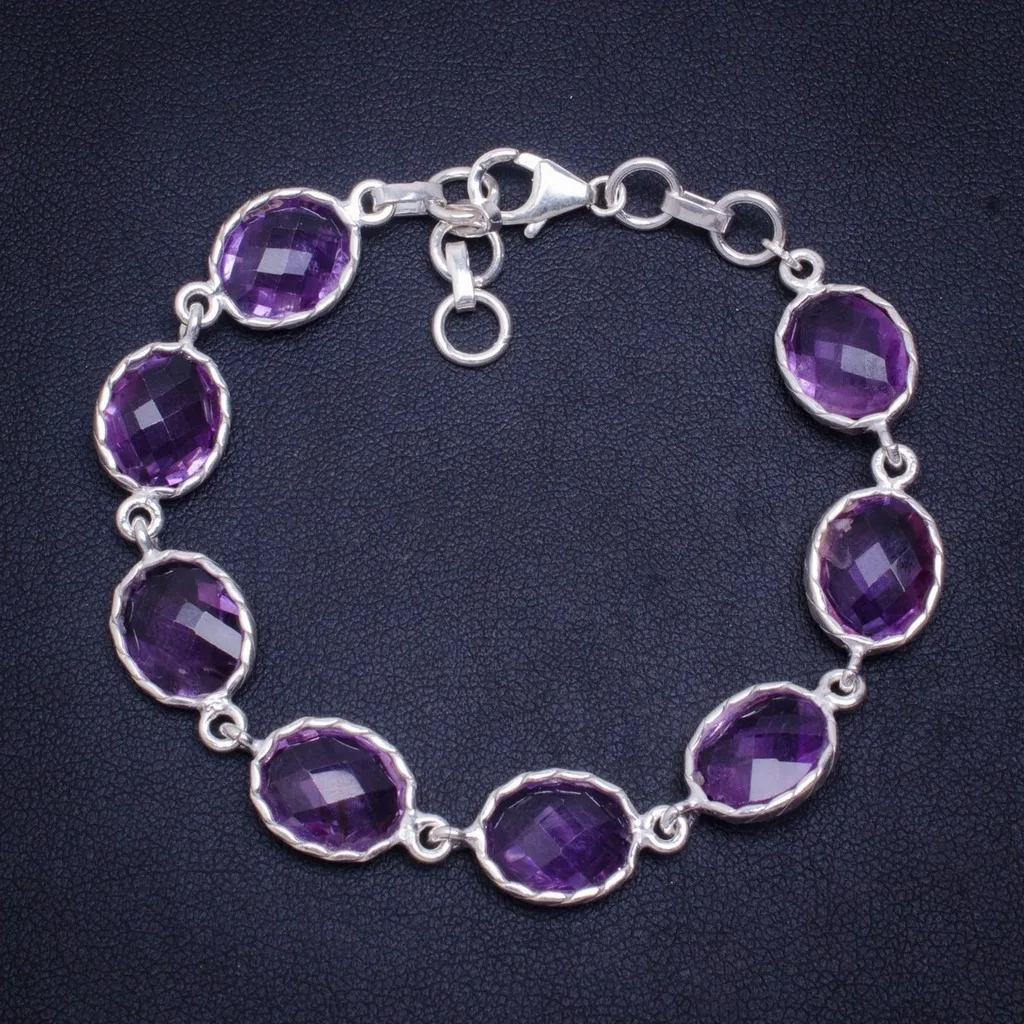 

Natural Amethyst Handmade Unique 925 Sterling Silver Bracelet 6.5-7.5" A2967