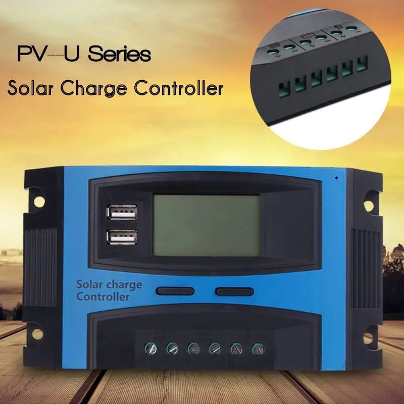 

NEW PV--U series solar charge controller 10A/15A/20A/25A/30A/40A Dual USB LCD Display 12V 24V Auto Solar Panel Charger Regulator